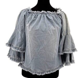 Boston Proper‎ Denim Shirt Womens S Ruffle Bell Sleeves Boho Western Cowboy Jean